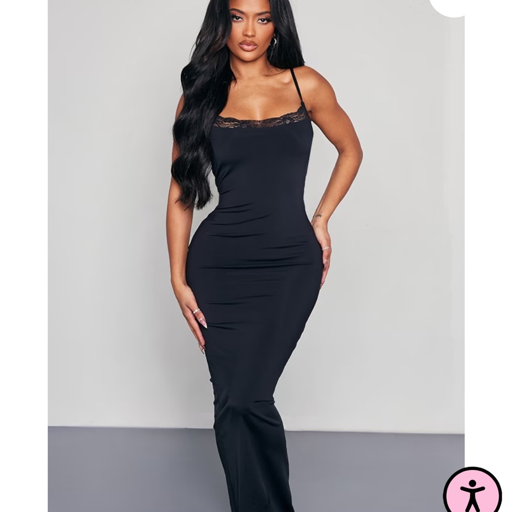 (NEW) Shape Black Lace Detail Matte Sculpt Maxi Dress